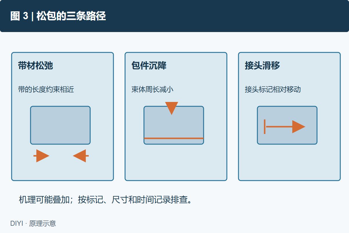 图 3: 原理示意:带材松弛、包件沉降和接头滑移可以分别发生,也可能叠加。现场需用力值、尺寸和见证标记交叉判断。