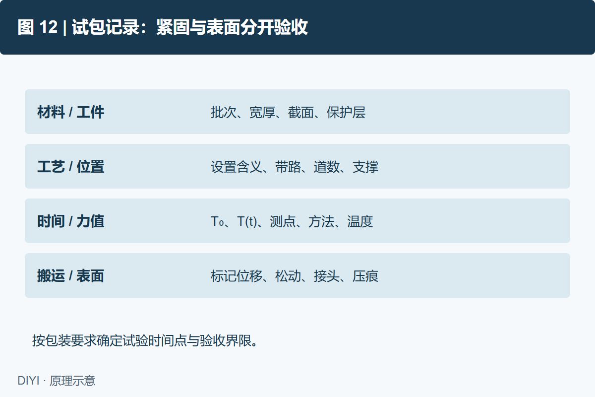 图 12: 试包记录示意。力值必须绑定方法、位置、时间和环境;紧固结果与表面结果分开记录。按实测结果填写。